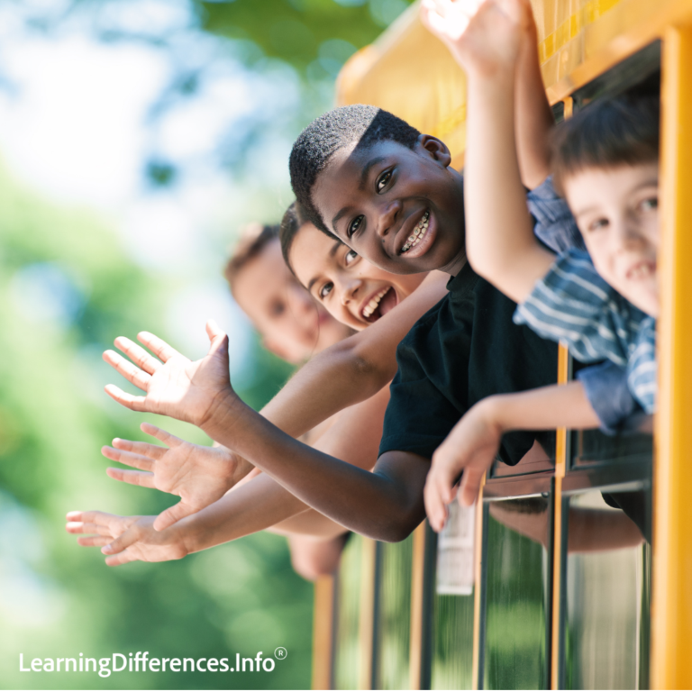 Children waving from a school bus — LearningDifferences.Info Version 4.0